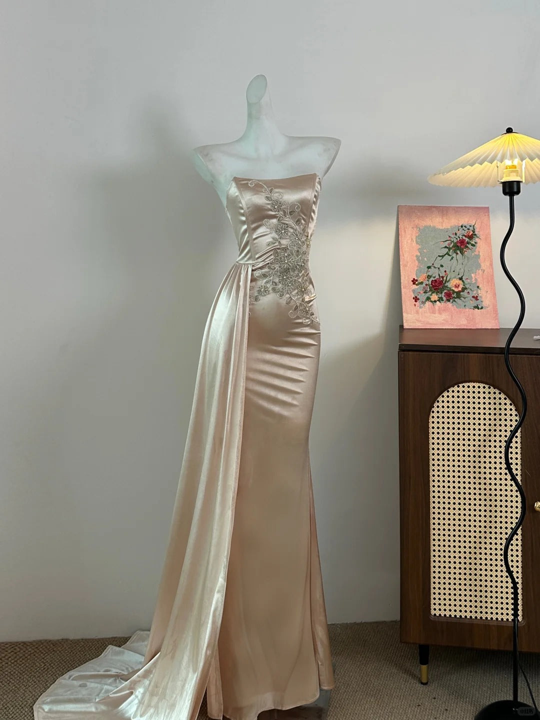 Elegant Champagne Mermaid Trailing Strapless Satin Long Formal Prom Dress Secondary image