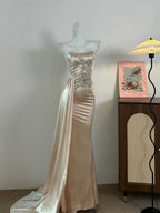 Elegant Champagne Mermaid Trailing Strapless Satin Long Formal Prom Dress