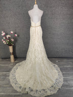 Elegant Champagne Off-White Sweetheart Neck Lace Train Formal Prom Dress