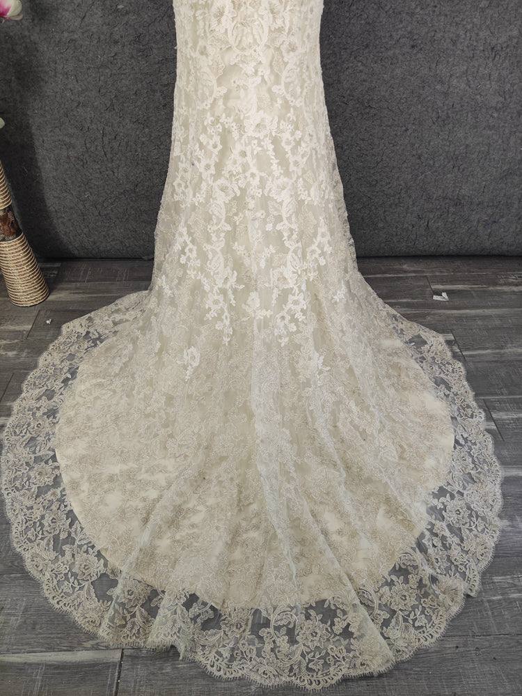 Elegant Champagne Off-White Sweetheart Neck Lace Train Formal Prom Dress