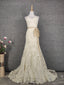 Elegant Champagne Off-White Sweetheart Neck Lace Train Formal Prom Dress