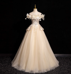 Elegant Champagne One-Shoulder 3D Floral Tulle Long Ball Gown Prom Dress Sweet 16 Dress