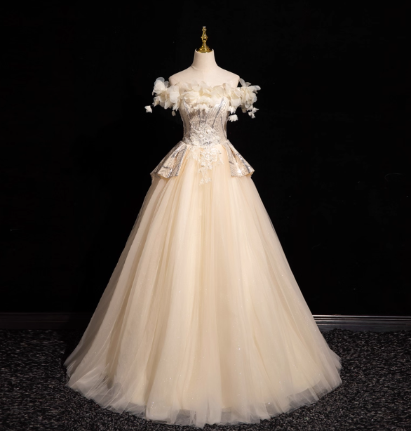 Elegant Champagne One-Shoulder 3D Floral Tulle Long Ball Gown Prom Dress Sweet 16 Dress