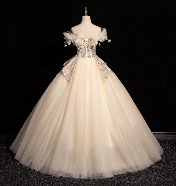 Elegant Champagne One-Shoulder 3D Floral Tulle Long Ball Gown Prom Dress Sweet 16 Dress