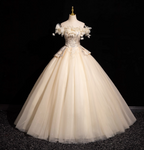Elegant Champagne One-Shoulder 3D Floral Tulle Long Ball Gown Prom Dress Sweet 16 Dress