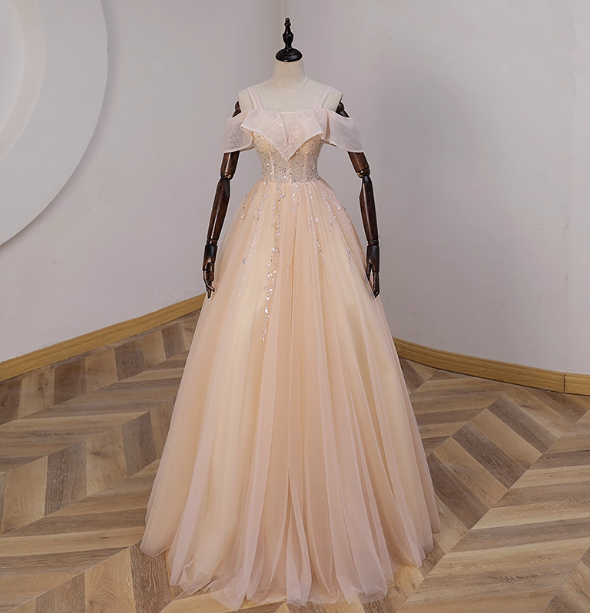 Elegant Champagne One-Shoulder Tulle Long Ball Gown Prom Dress Sweet 16 Dress