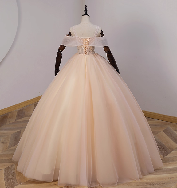 Elegant Champagne One-Shoulder Tulle Long Ball Gown Prom Dress Sweet 16 Dress