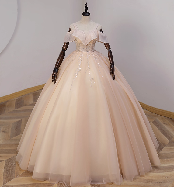 Elegant Champagne One-Shoulder Tulle Long Ball Gown Prom Dress Sweet 16 Dress Main image