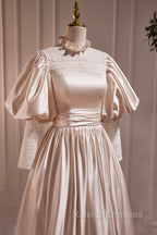 Elegant Champagne Satin A Line Prom Dress, Champagne Ruffle High Neck Puffy Short Sleeve Backless Prom Dress
