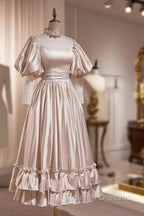 Elegant Champagne Satin A Line Prom Dress, Champagne Ruffle High Neck Puffy Short Sleeve Backless Prom Dress