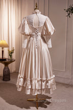 Elegant Champagne Satin A Line Prom Dress, Champagne Ruffle High Neck Puffy Short Sleeve Backless Prom Dress