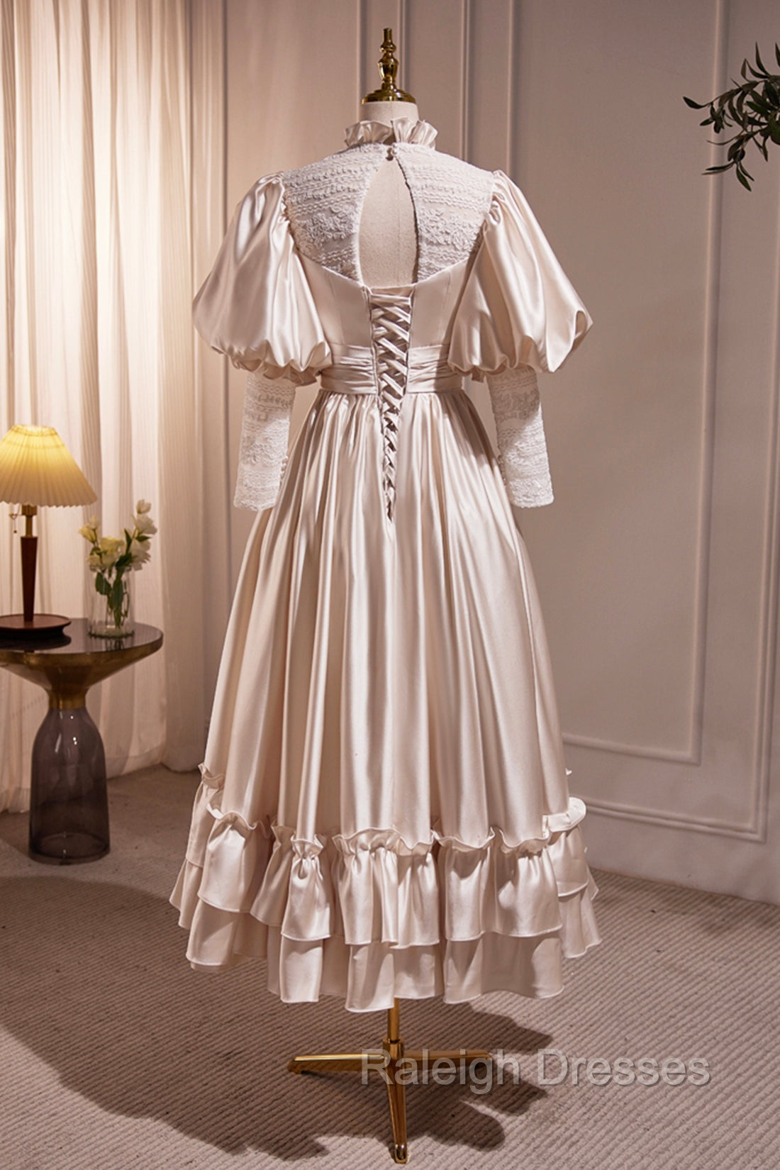Elegant Champagne Satin A Line Prom Dress, Champagne Ruffle High Neck Puffy Short Sleeve Backless Prom Dress