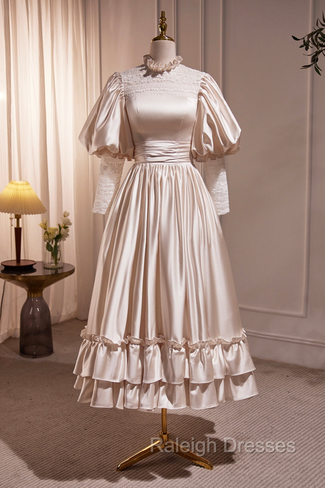 Elegant Champagne Satin A-Line Prom Dress, Champagne Ruffle High Neck Puffy Short Sleeve Backless Evening Dress