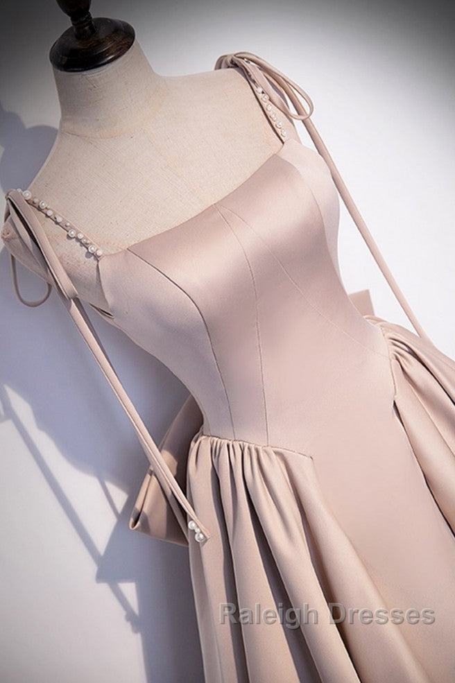 Elegant Champagne Square Neck Fine Shoulder Strap Pleated Satin Ball Dresses Champagne A-Line Bow Lace Open Back Strap And Floor Length Prom Dresses Secondary image