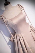 Elegant Champagne Square Neck Fine Shoulder Strap Pleated Satin Ball Dresses Champagne A-Line Bow Lace Open Back Strap And Floor Length Prom Dresses