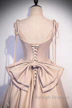 Elegant Champagne Square Neck Fine Shoulder Strap Pleated Satin Ball Dresses Champagne A-Line Bow Lace Open Back Strap And Floor Length Prom Dresses