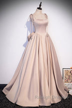Elegant Champagne Square Neck Fine Shoulder Strap Pleated Satin Ball Dresses Champagne A-Line Bow Lace Open Back Strap And Floor Length Prom Dresses