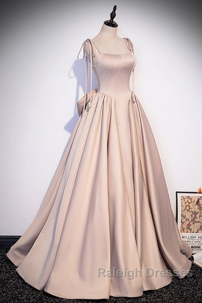 Elegant Champagne Square Neck Fine Shoulder Strap Pleated Satin Ball Dresses Champagne A-Line Bow Lace Open Back Strap And Floor Length Prom Dresses