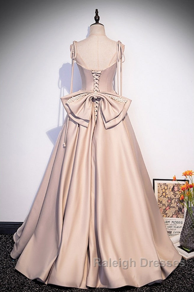 Elegant Champagne Square Neck Fine Shoulder Strap Pleated Satin Ball Dresses Champagne A-Line Bow Lace Open Back Strap And Floor Length Prom Dresses