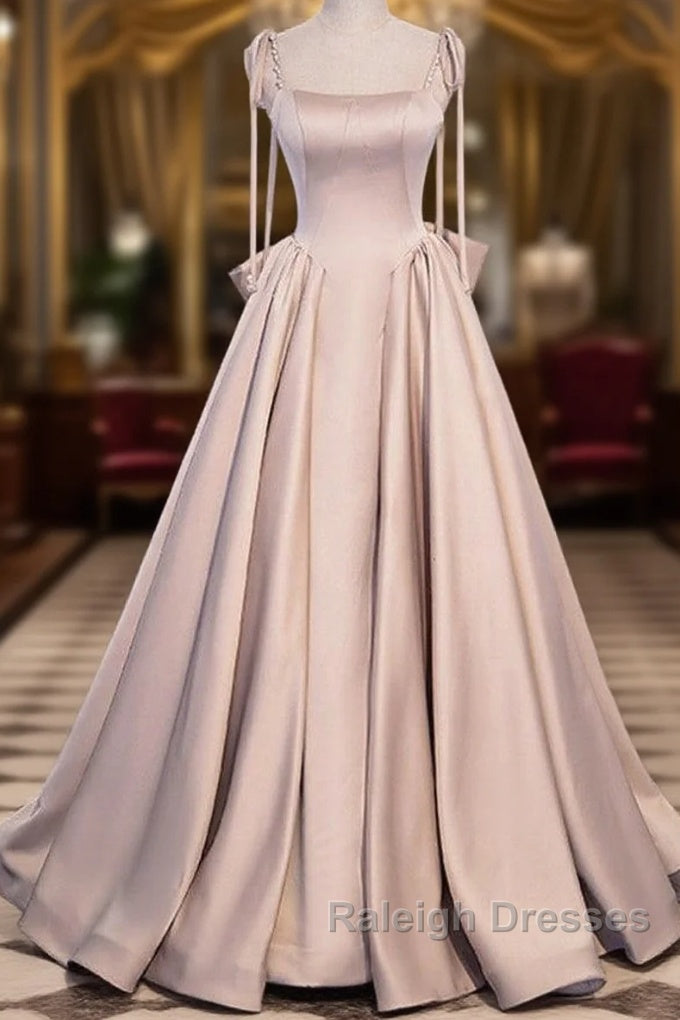 Elegant Champagne Square Neck Fine Shoulder Strap Pleated Satin Ball Dresses Champagne A-Line Bow Lace Open Back Strap And Floor Length Prom Dresses