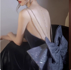 Elegant Charcoal Gray Spaghetti Strap Bow Backless Velvet Long Formal Prom Dress