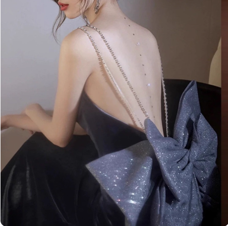 Elegant Charcoal Gray Spaghetti Strap Bow Backless Velvet Long Formal Prom Dress