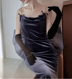 Elegant Charcoal Gray Spaghetti Strap Bow Backless Velvet Long Formal Prom Dress