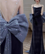 Elegant Charcoal Gray Spaghetti Strap Bow Backless Velvet Long Formal Prom Dress