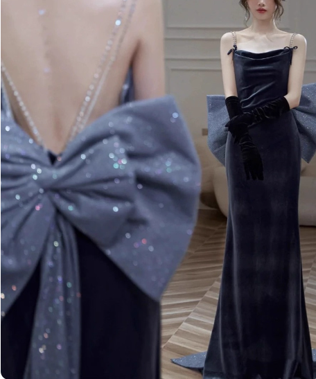 Elegant Charcoal Gray Spaghetti Strap Bow Backless Velvet Long Formal Prom Dress