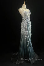 Elegant Chiffon Mermaid Gown For Prom&Prom Spaghetti Strap Sequined Applique Prom Gown