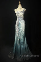 Elegant Chiffon Mermaid Gown For Prom&Prom Spaghetti Strap Sequined Applique Prom Gown