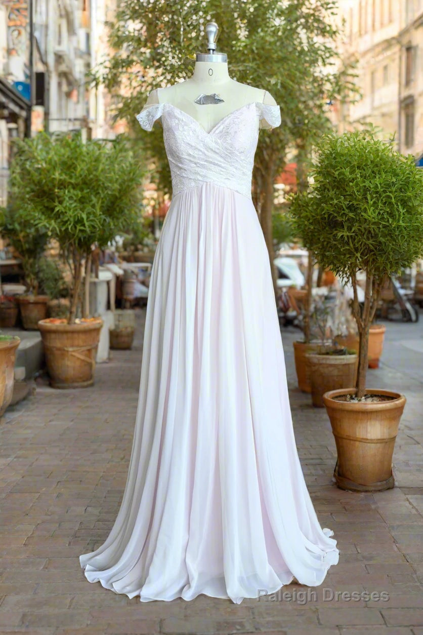 Elegant Chiffon Off The Shoulder Lace Open Back Long Bridesmaid Dresses Main image