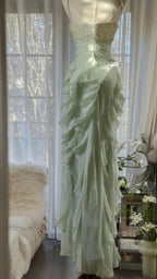 Elegant Clear Green Shoulder Strap Ruffled Beaded Chiffon Prom Dress