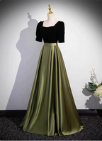 Elegant Color Block Black & Green Square Neck Short Sleeve Velvet Satin Long Formal Prom Dress