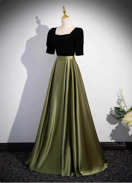 Elegant Color Block Black & Green Square Neck Short Sleeve Velvet Satin Long Formal Prom Dress