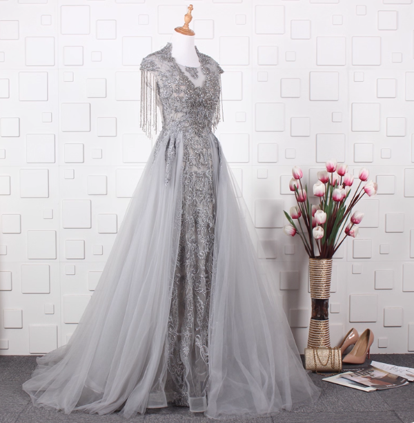 Elegant Court Grey Fringed Beaded Embroidered Tulle Train Formal Prom Dress