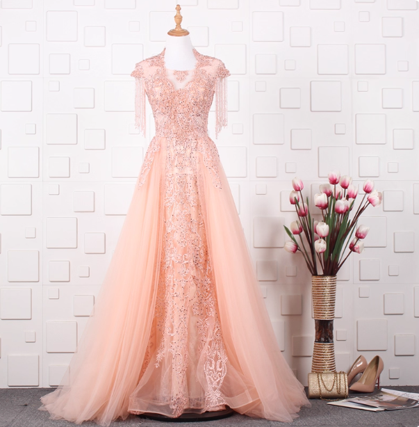Elegant Court Grey Fringed Beaded Embroidered Tulle Train Formal Prom Dress