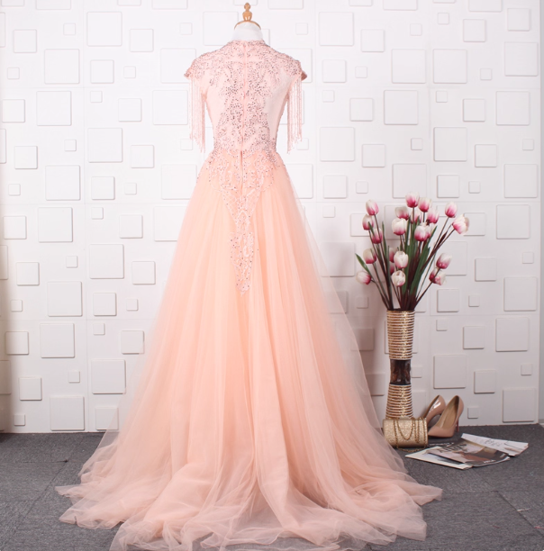 Elegant Court Grey Fringed Beaded Embroidered Tulle Train Formal Prom Dress