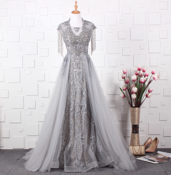 Elegant Court Grey Fringed Beaded Embroidered Tulle Train Formal Prom Dress