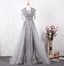 Elegant Court Grey Fringed Beaded Embroidered Tulle Train Formal Prom Dress
