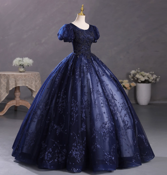 Elegant Court Navy Blue Crew Neck Puff Sleeve Embroidered Tulle Ball Gown Prom Dress Sweet 16 Dress Secondary image