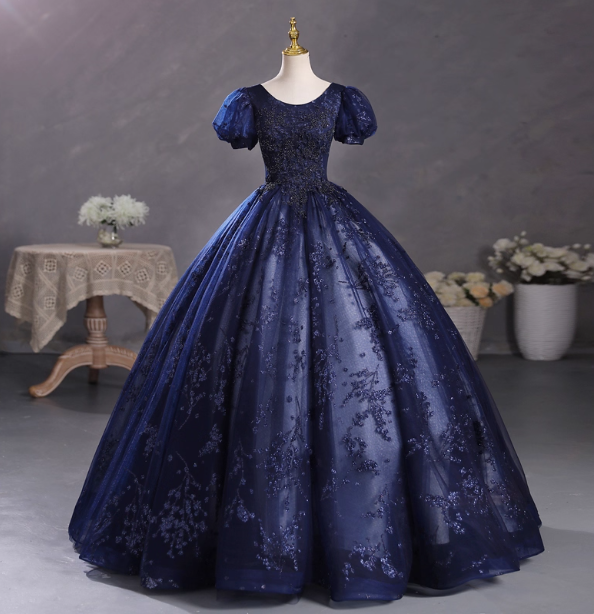 Elegant Court Navy Blue Crew Neck Puff Sleeve Embroidered Tulle Ball Gown Prom Dress Sweet 16 Dress Main image