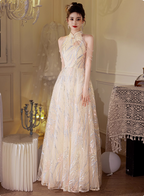 Elegant Cream Apricot A-Line Halter Neck Sequin Embroidered Pearl Fringe Tulle Long Formal Prom Dress