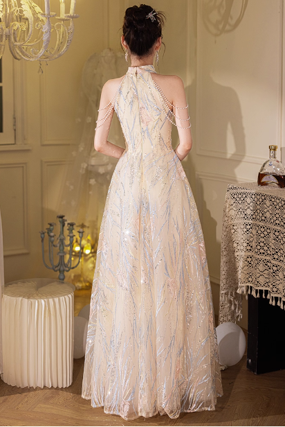 Elegant Cream Apricot A-Line Halter Neck Sequin Embroidered Pearl Fringe Tulle Long Formal Prom Dress