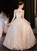 Elegant Cream Apricot A-Line Halter Neck Sequin Embroidered Pearl Fringe Tulle Long Formal Prom Dress