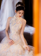 Elegant Cream Apricot A-Line Halter Neck Sequin Embroidered Pearl Fringe Tulle Long Formal Prom Dress