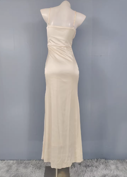 Elegant Cream Apricot Spaghetti Strap V-Neck Ruffled Satin Long Formal Prom Dress Bridesmaid Dress