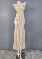 Elegant Cream Apricot Spaghetti Strap V-Neck Ruffled Satin Long Formal Prom Dress Bridesmaid Dress