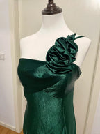 Elegant Dark Green 3D Floral One-Shoulder Satin Long Formal Prom Dress