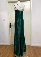 Elegant Dark Green 3D Floral One-Shoulder Satin Long Formal Prom Dress